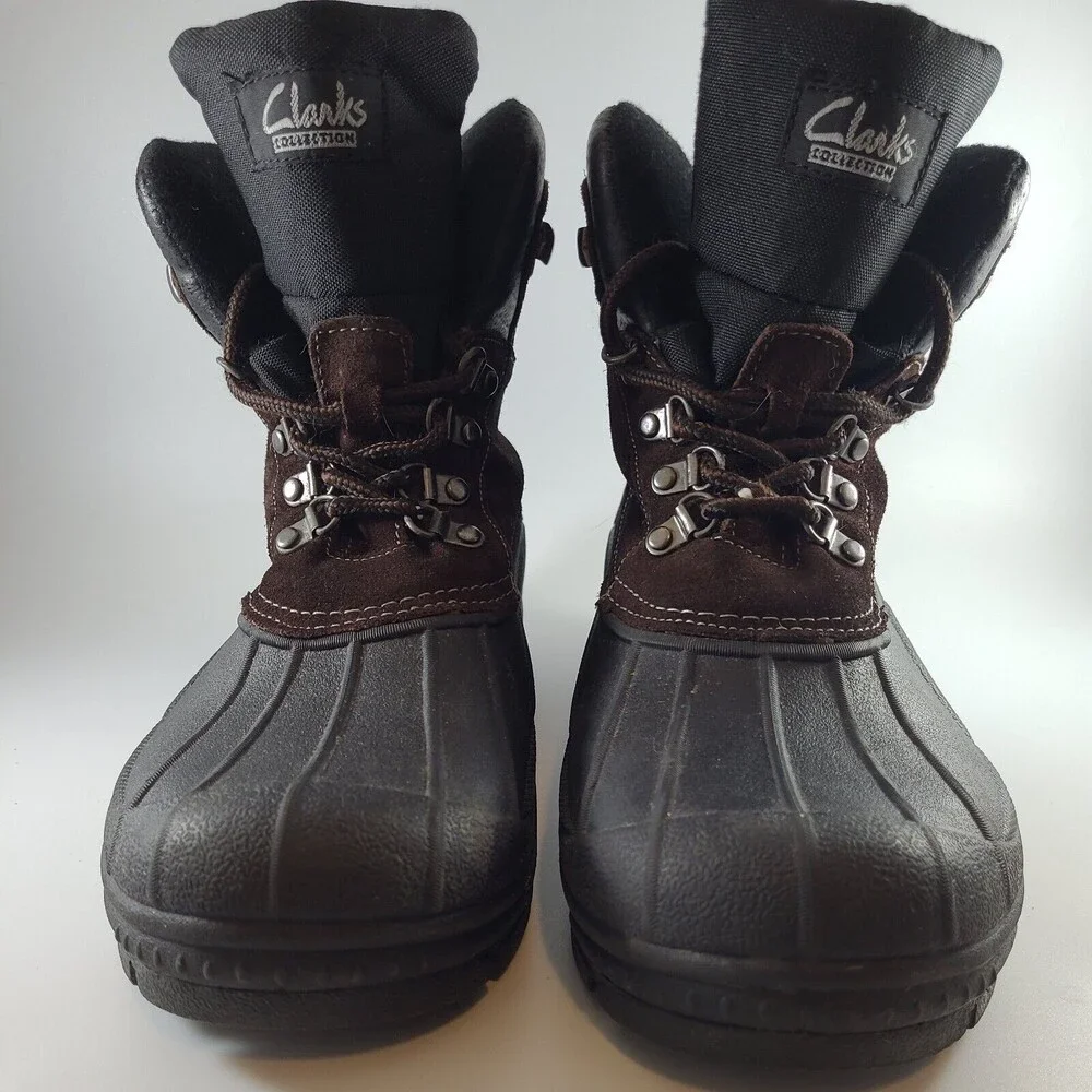 Clarks Waterproof Winter Duck Boots Men Sz 9 Black Brown Suede Rubber Thermolite